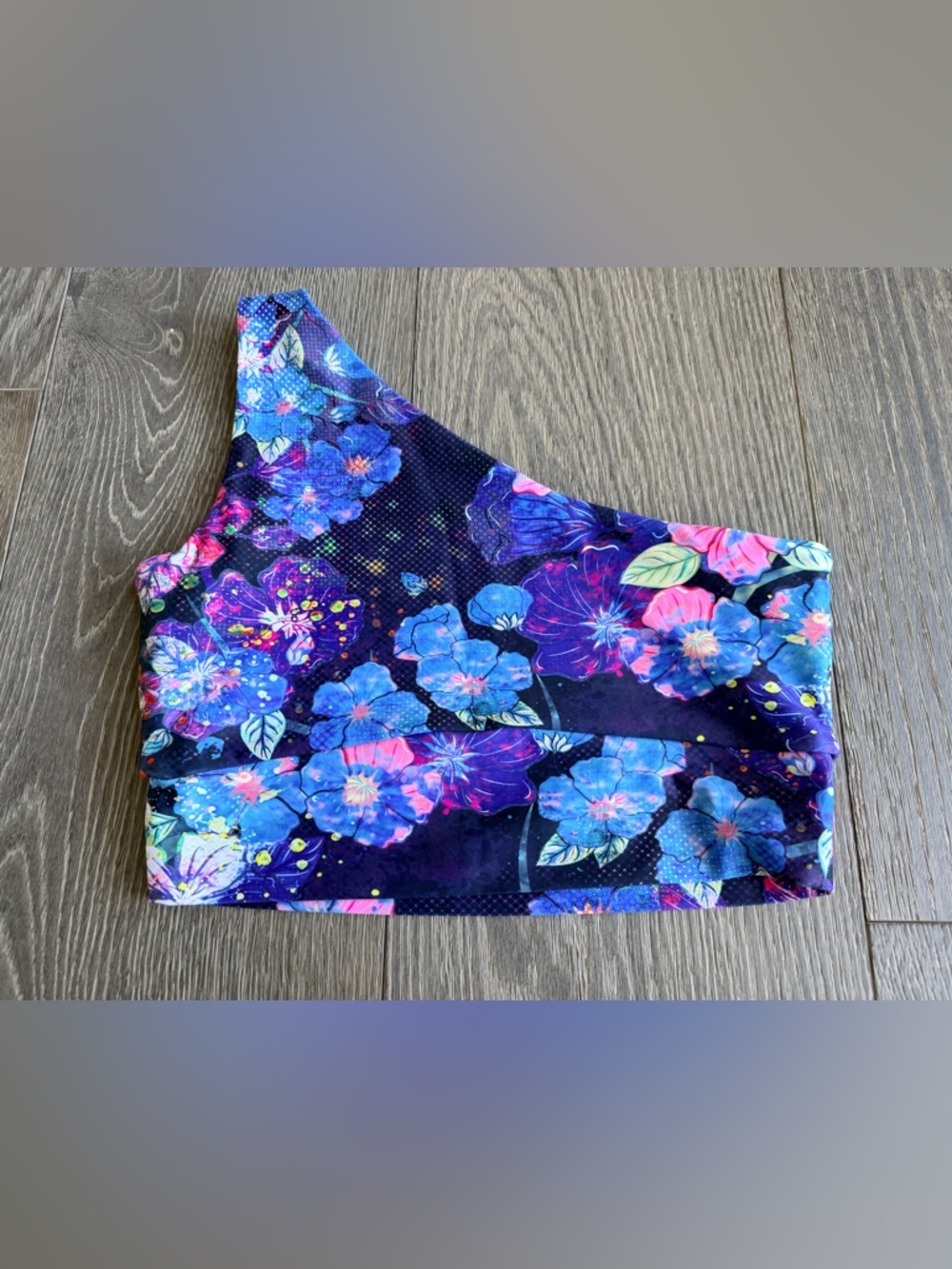 Exotica Purple Blue Floral Performance One Shoulder Comfort Crop Top Size Small